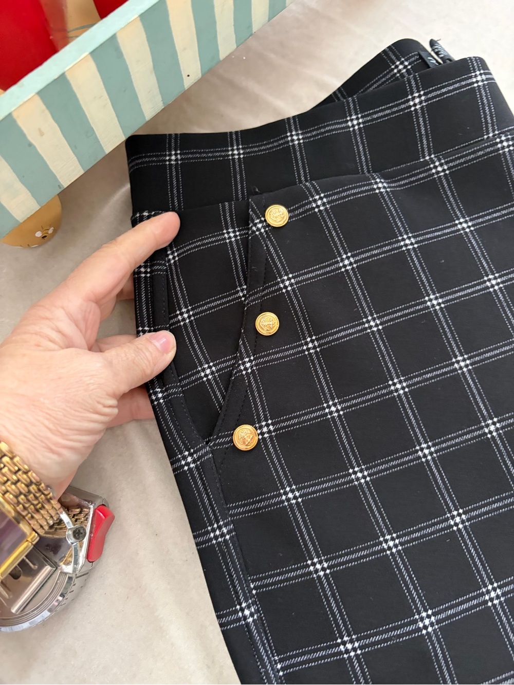 Black Plaid Women's Chinos with Gold Button Detail - Picture 13 of 13